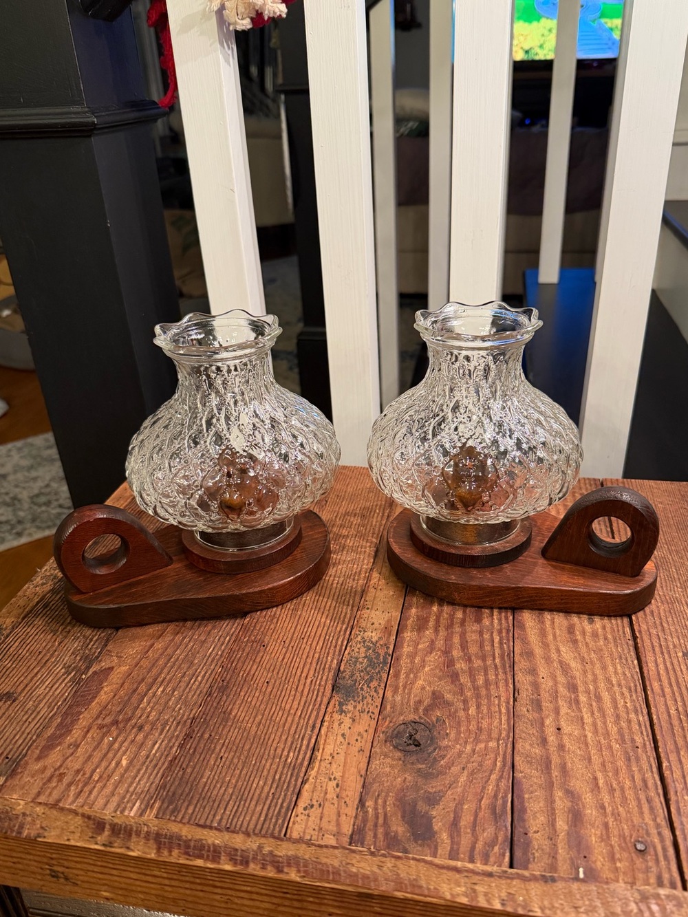 Pair of Vintage Quilted Glass Hurricane Shades with Wooden Handled Base